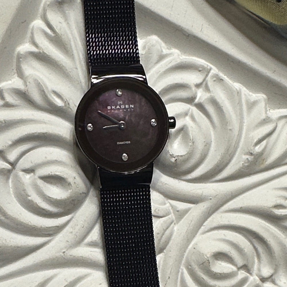 Skagen Black Mesh Bracelet Watch with Dark Iridescent Dial
